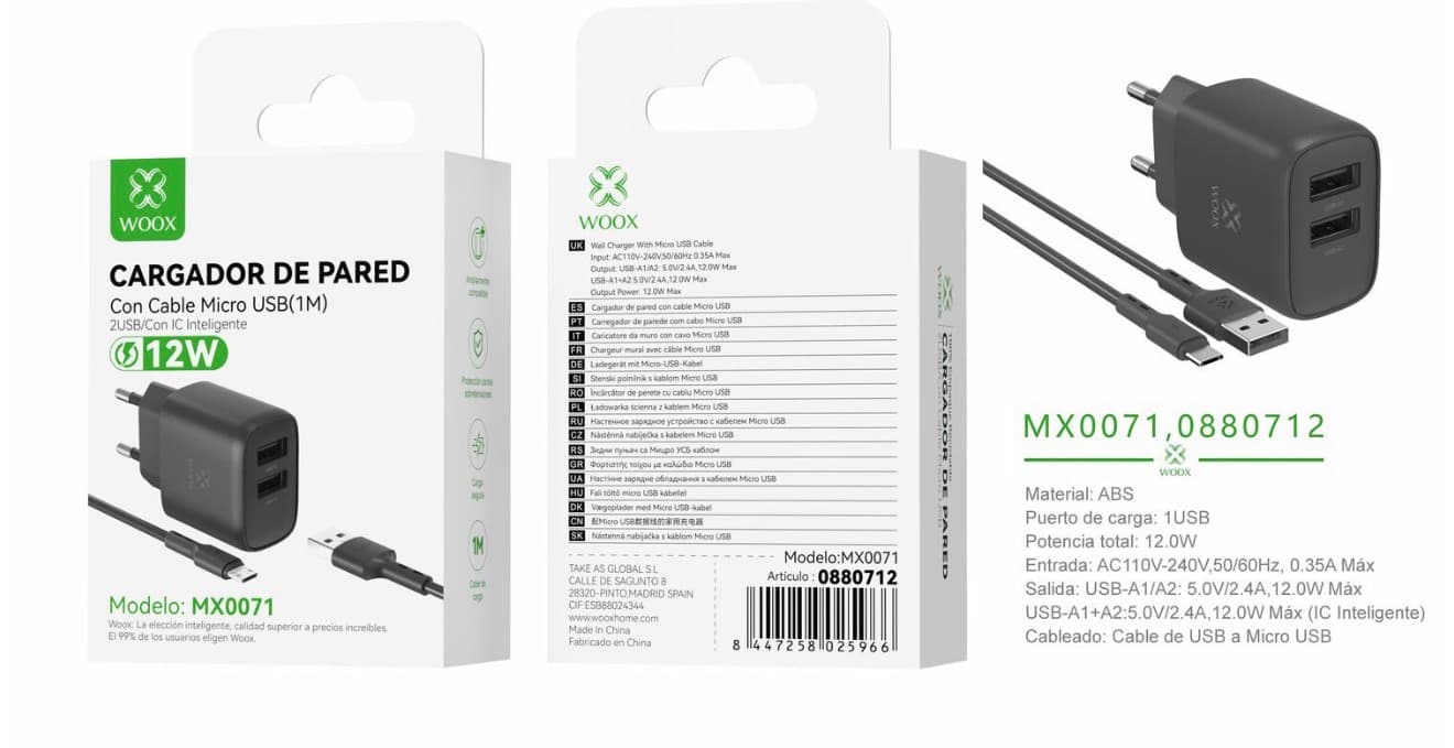 Cargador de pared doble USB UE MX0071 5 V/2,4 A con cabo USB a micro (negro)