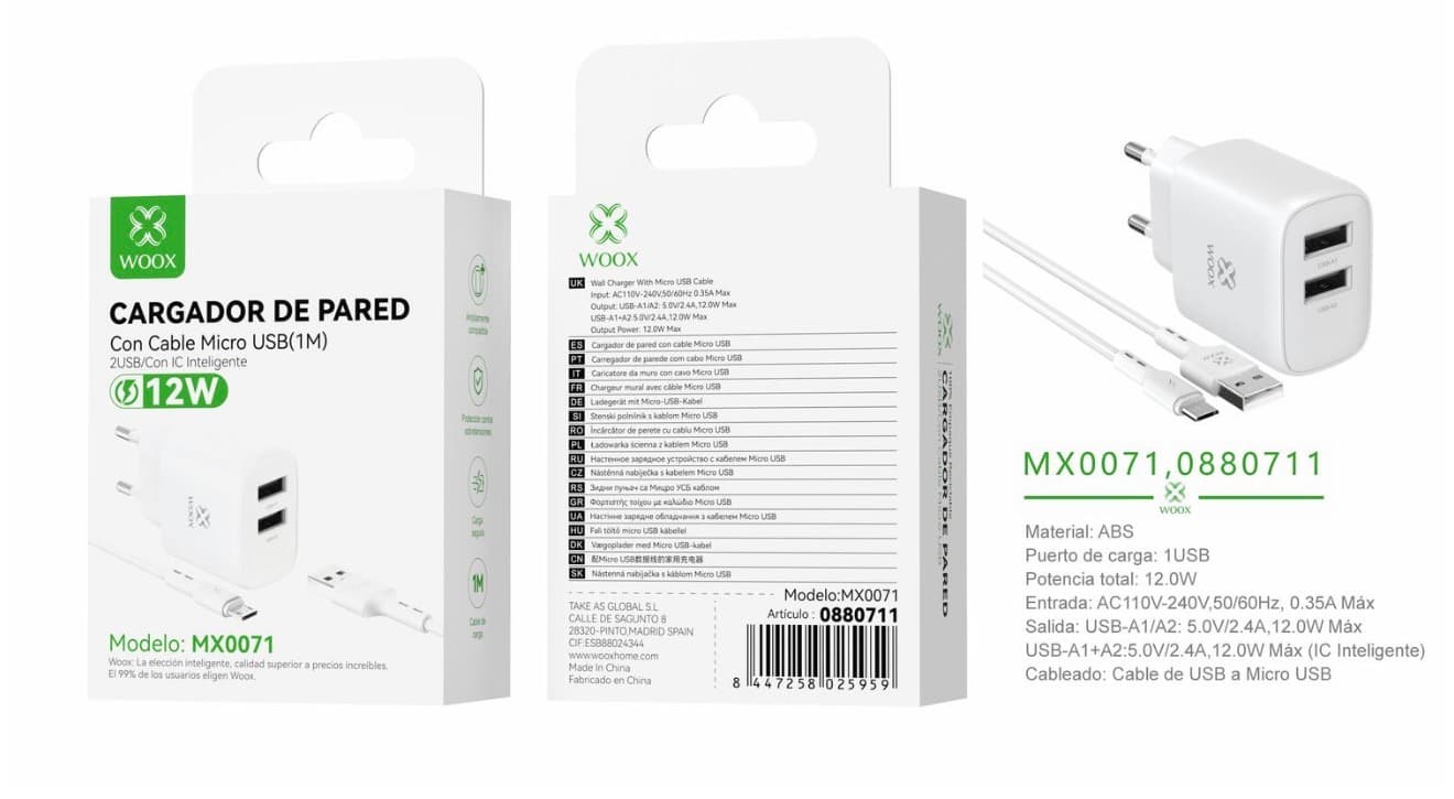 Cargador de pared doble USB UE MX0071 5 V/2,4 A con cabo USB a micro Branco