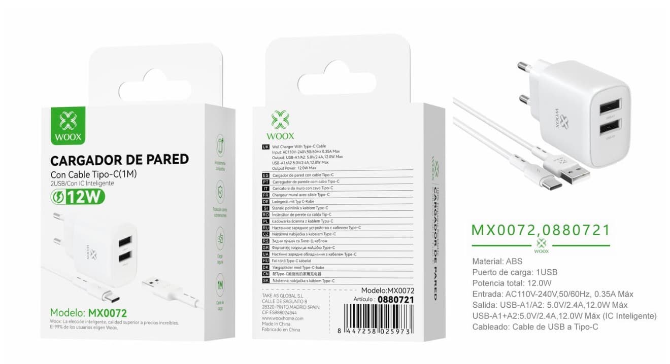 Cargador de pared doble USB UE MX0072 5 V|2,4 A con cable USB a tipo C (blanco)