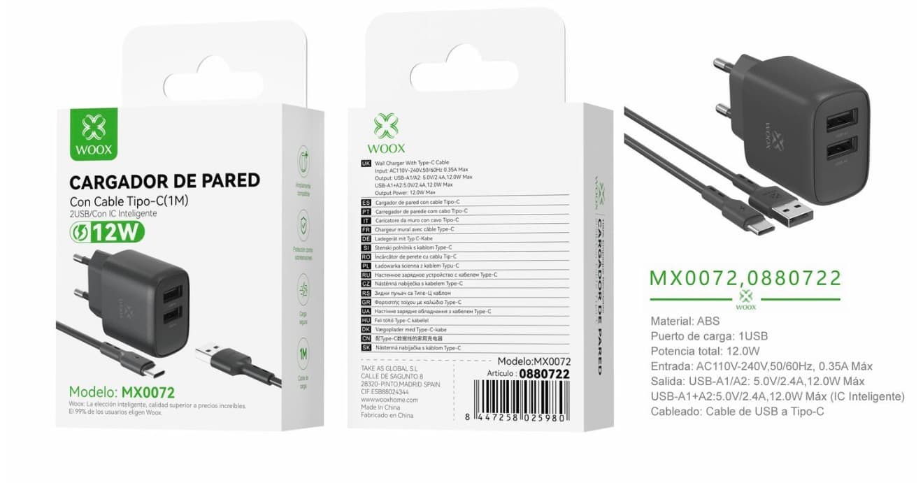 Cargador de pared doble USB UE MX0072 5 V|2,4 A con cable USB a tipo C (Preto)
