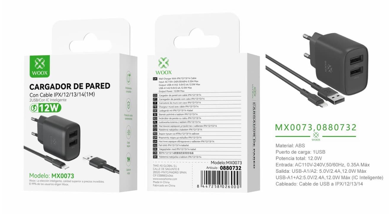 Cargador de pared doble USB UE MX0073 5 V|2,4 A con cabo USB a Lightning Preto