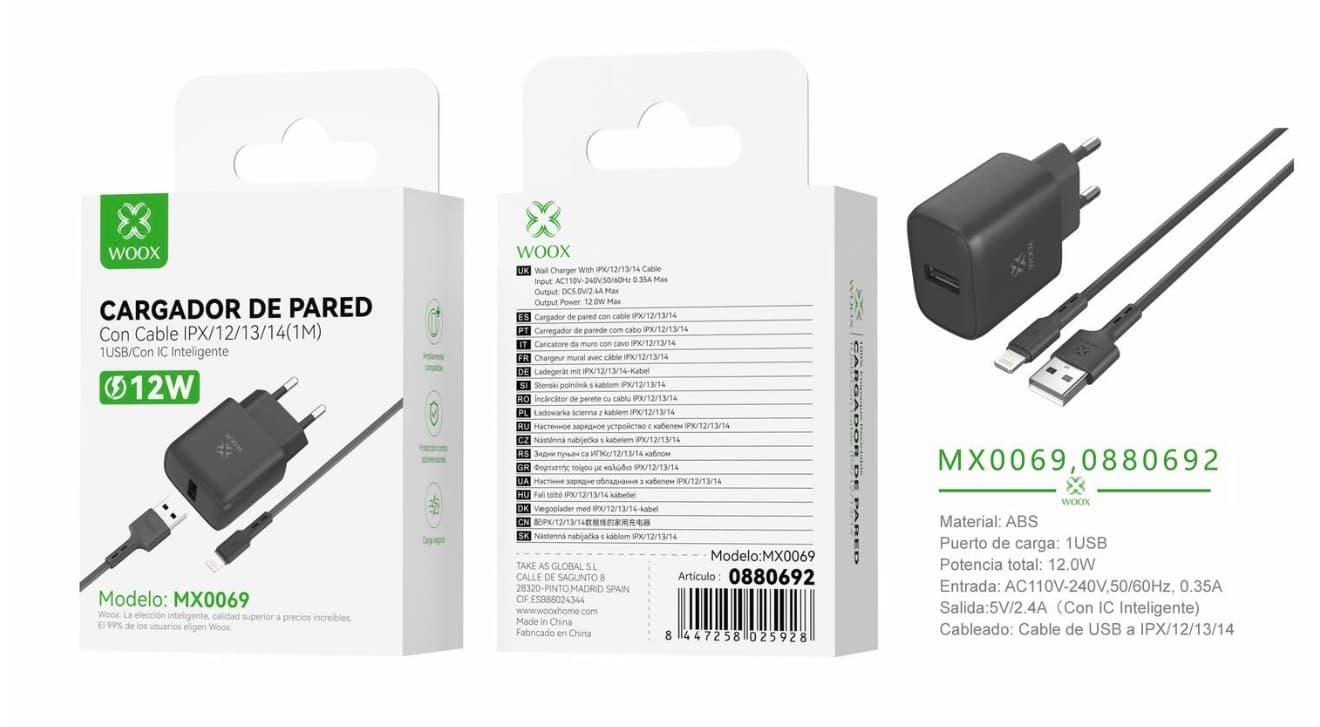 Cargador de pared USB único UE MX0069 5 V/2,4 A con cable USB a Lightning (negro)