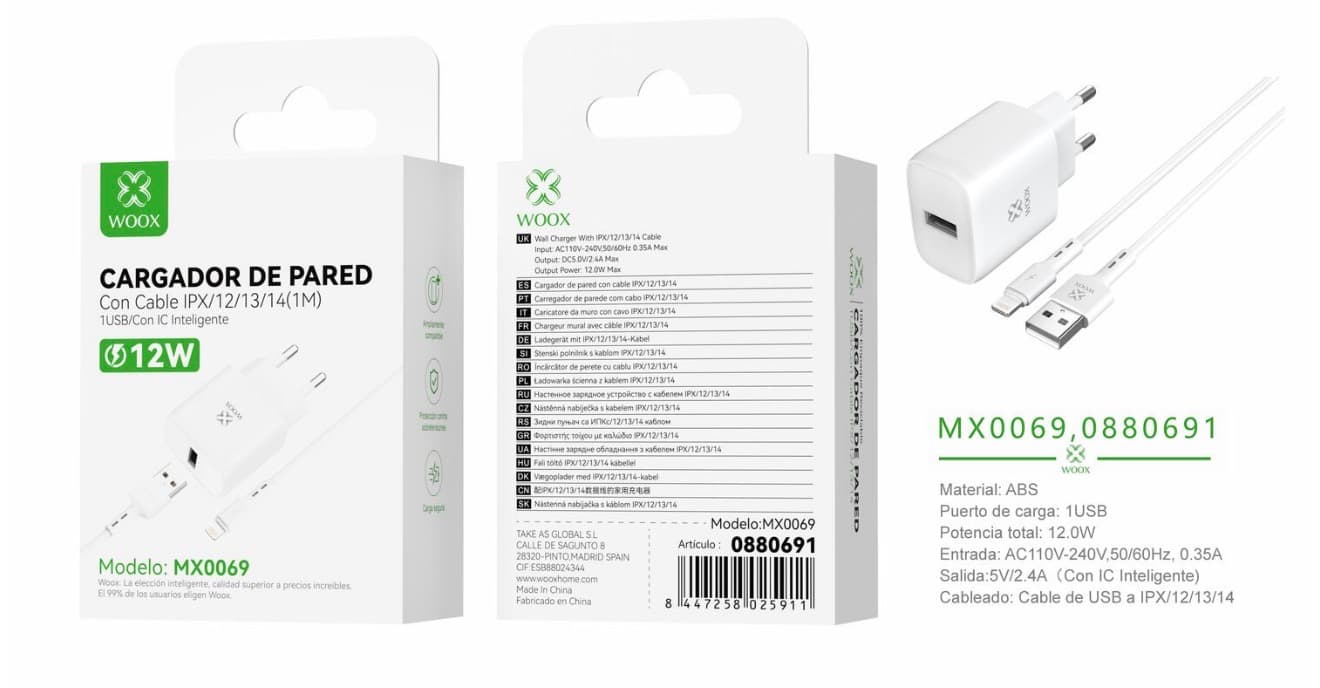 Cargador de pared USB único UE MX0069 5 V/2,4 A con cable USB a Lightning (blanco)